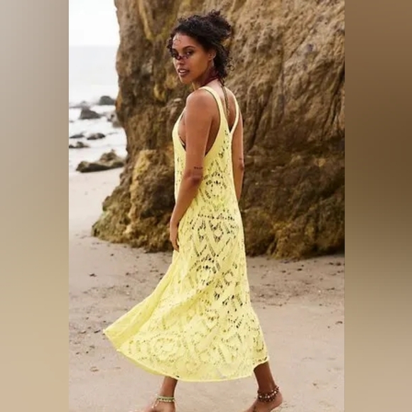 FP Beach Bianca Midi Yellow Crochet Beach Cover-Up Dress Medium Free People - Picture 7 of 9